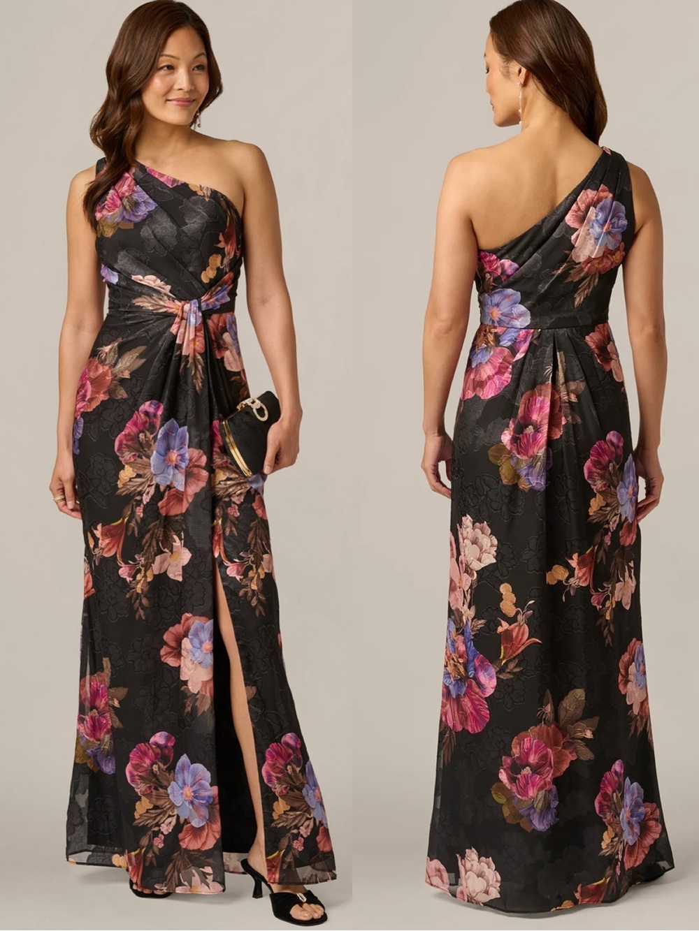 Adrianna Papell Women’s One Shoulder Knot Waist Black Multi Floral Chiffon Gown